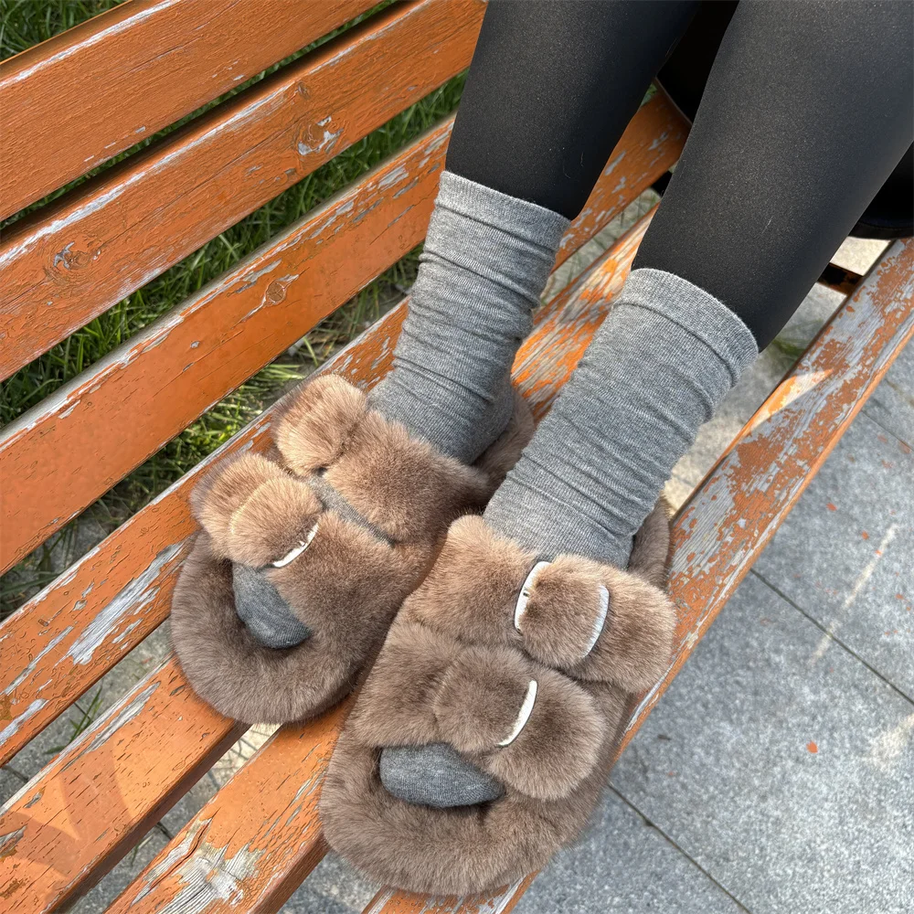 Woman Furry Ladies Fur Luxury Mink Fluffy Plush Slipper House Soft Fuzzy Platform Indoor Casual Winter Home Warm High Heels