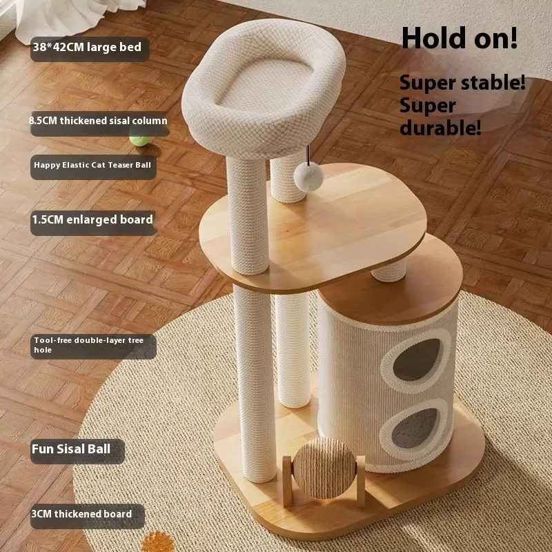 Solid Wood Cat Tree Integrated PetNest Climbing Structure with SisalScratching Posts Large CatTree with Tree Hole Design