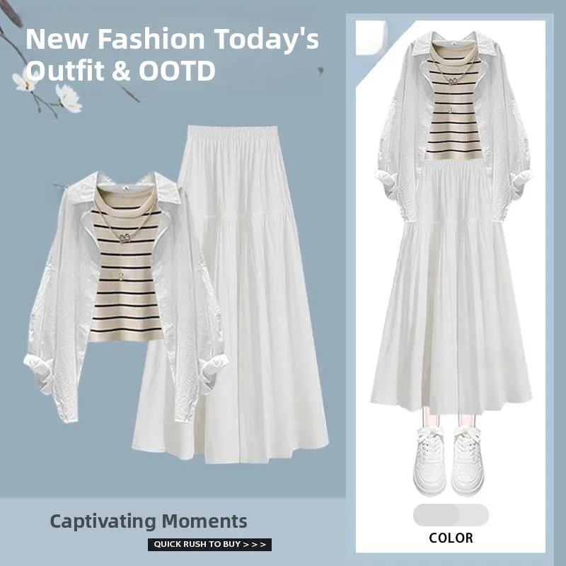 

Laid-ba Sle Small Size Spring New Vest Sun Protection irt High Waist Skirt Set Faionable Tee-piece Women's Suit