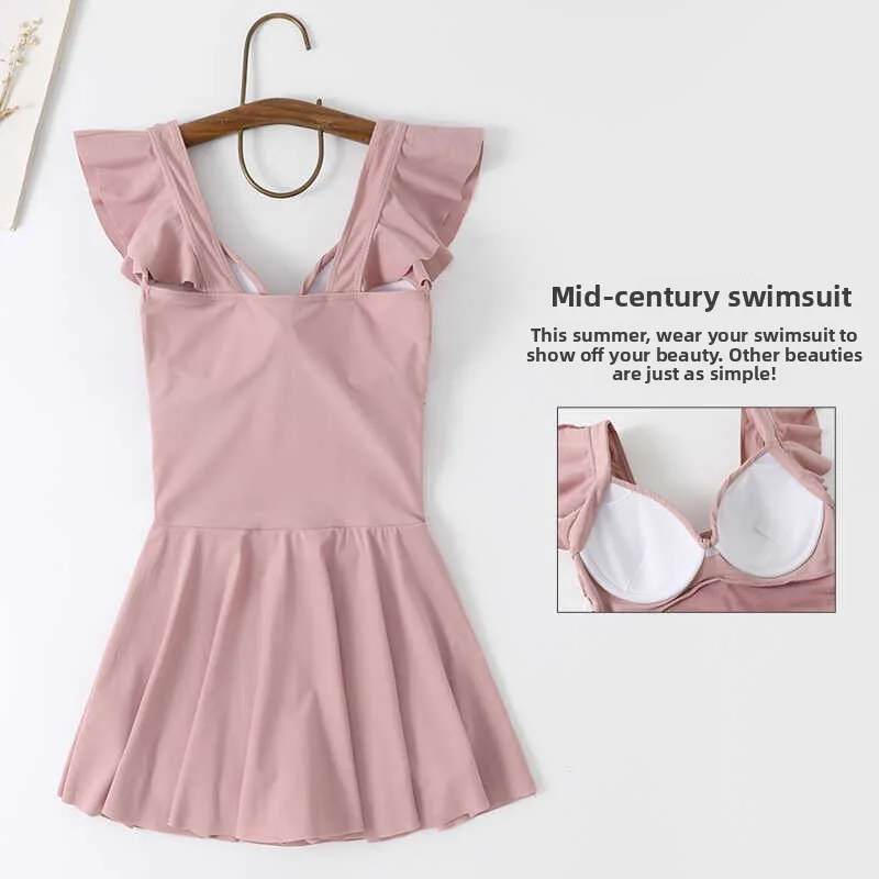 

Retro Pink One-Piece Swimsuit for Girls Thermal Spring Swimwear Steel Ring Gathered Pure Desire Sle Student New 2024 Model