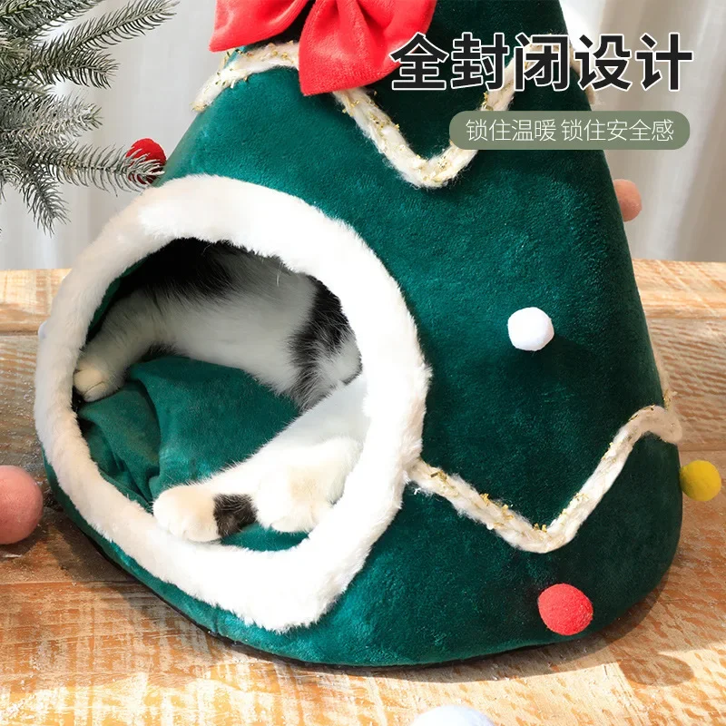 Winter Plush and Thickened Surround Style Warmth Semi Enclosed Deep Sleep Sense of Security Christmas Tree Pet Cat Nest