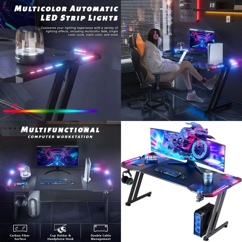 

Эргономичный игровой стол Z-образной формы из углеродного волокна со светодиодной подсветкой, большой рабочей станцией для ПК, подставкой для чашек и крючком для ручек, черный