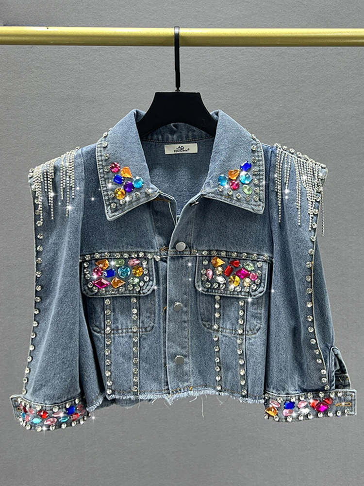 

Tassel Rivet Colorful Diamond Denim Jacket Fashion Women Long Sleeve Streetwear Outwears Jackets Coat 2024 New Summer New Top