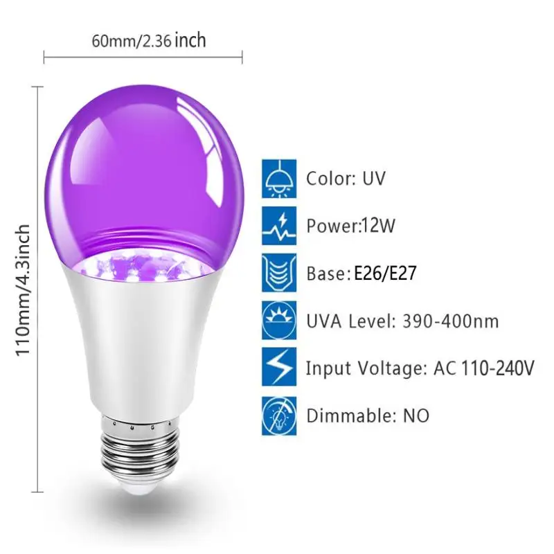 A60(A19) 110-240V E26/E27 Lampadina LED nera per poster fluorescenti, body paint, feste di Natale, armadietti e espositori