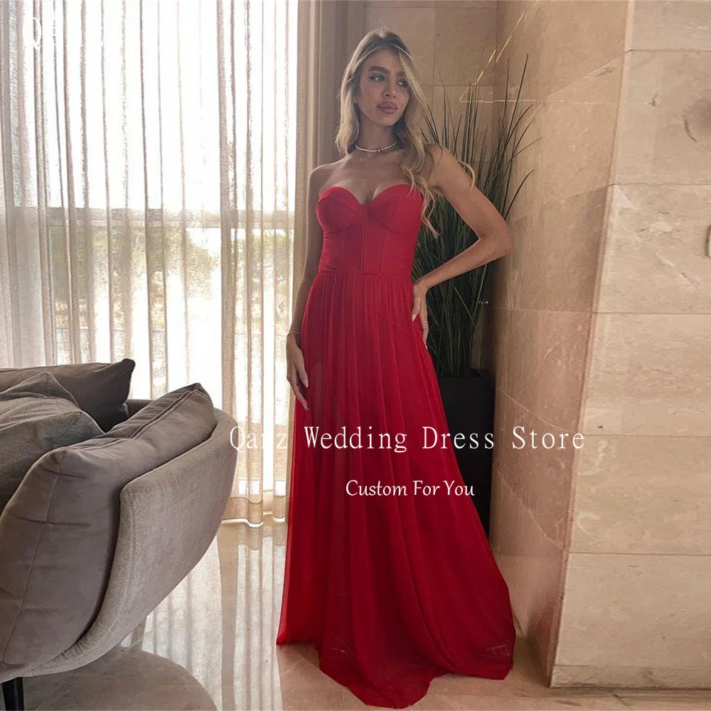 

Qanz Red Chiffon Prom Dresses Strapless Long A Line Corset Back Robe De Soirée Luxe élégante 2024 Party Gown Plus Size for Women