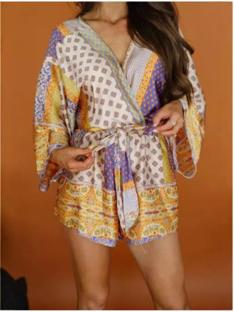 

GELITAYIN V-neck Printed Lotus Leaf Long Sleeved Jumpsuit With Women's Lace Up Hight Waist Loose Jumpsuit Casual Home Clothes