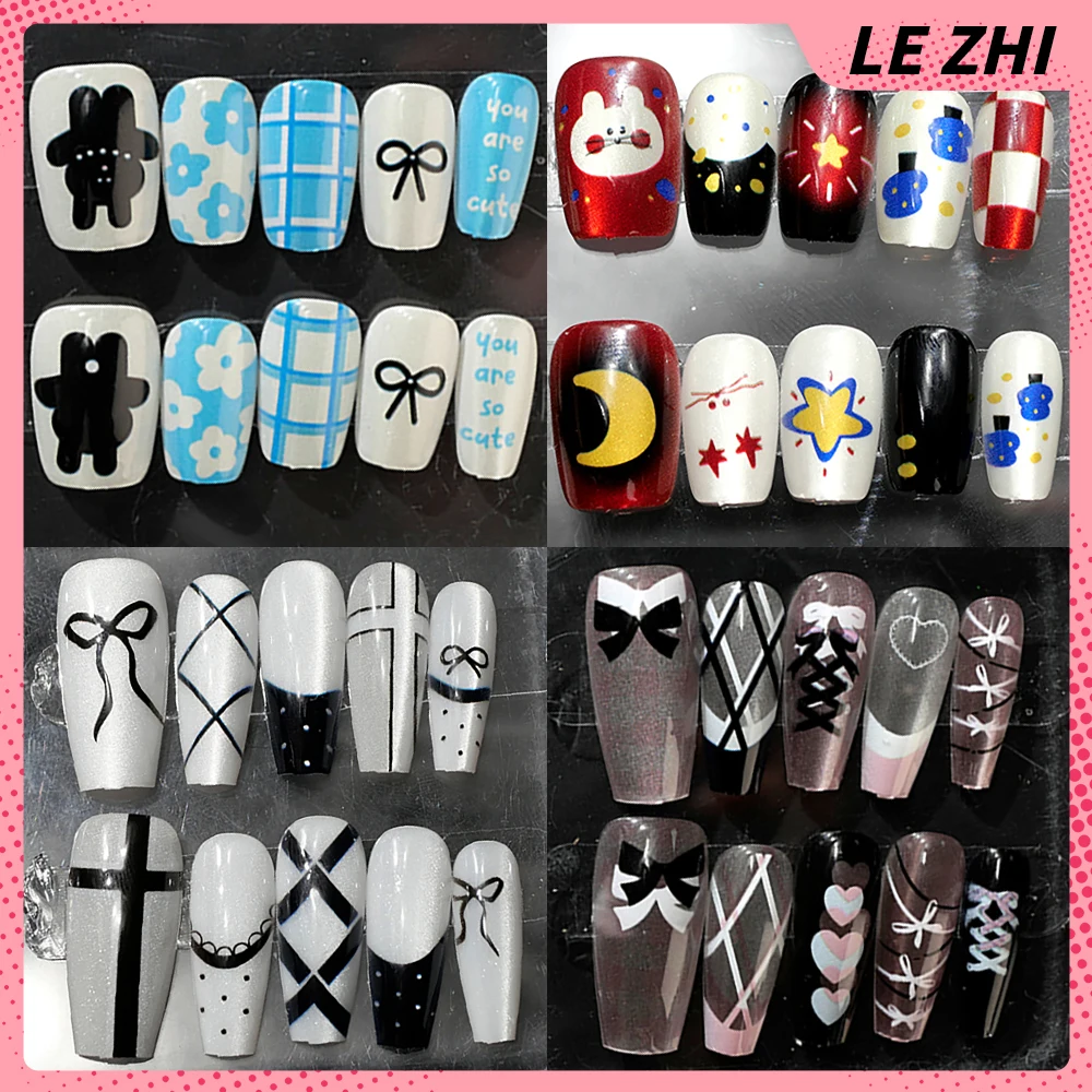 Cute Cartoon Cat Dog Handmade Press On Nails Spicy Gril Short Square Long Coffin Bow Hand-Drawn Line Wave Point Full Cover Nail