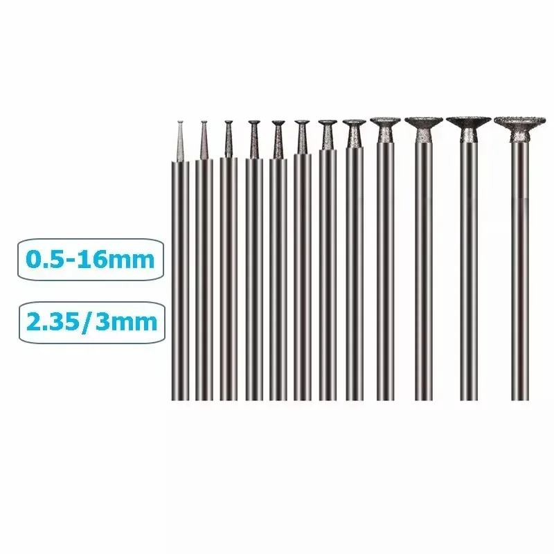 5Pcs Diamond H-Hook Grinding Heads 2.35/3mm Shank Diameter For Craft Polishing And Grinding 0.5/1.2/1.5/1.8/1/2/2.5/3/4/5/6~16mm
