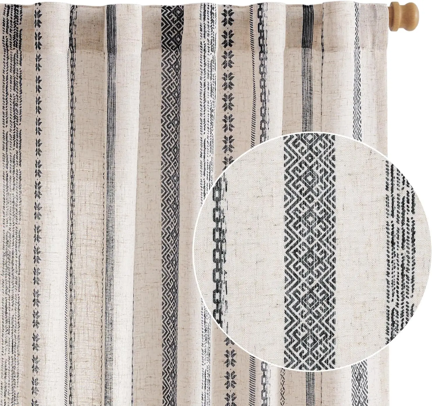

Linen Blend Boho Curtains for Living Room, 63 Inch Long Black Printed on Beige Retro Farmhouse Bohemian Geometric Stripe