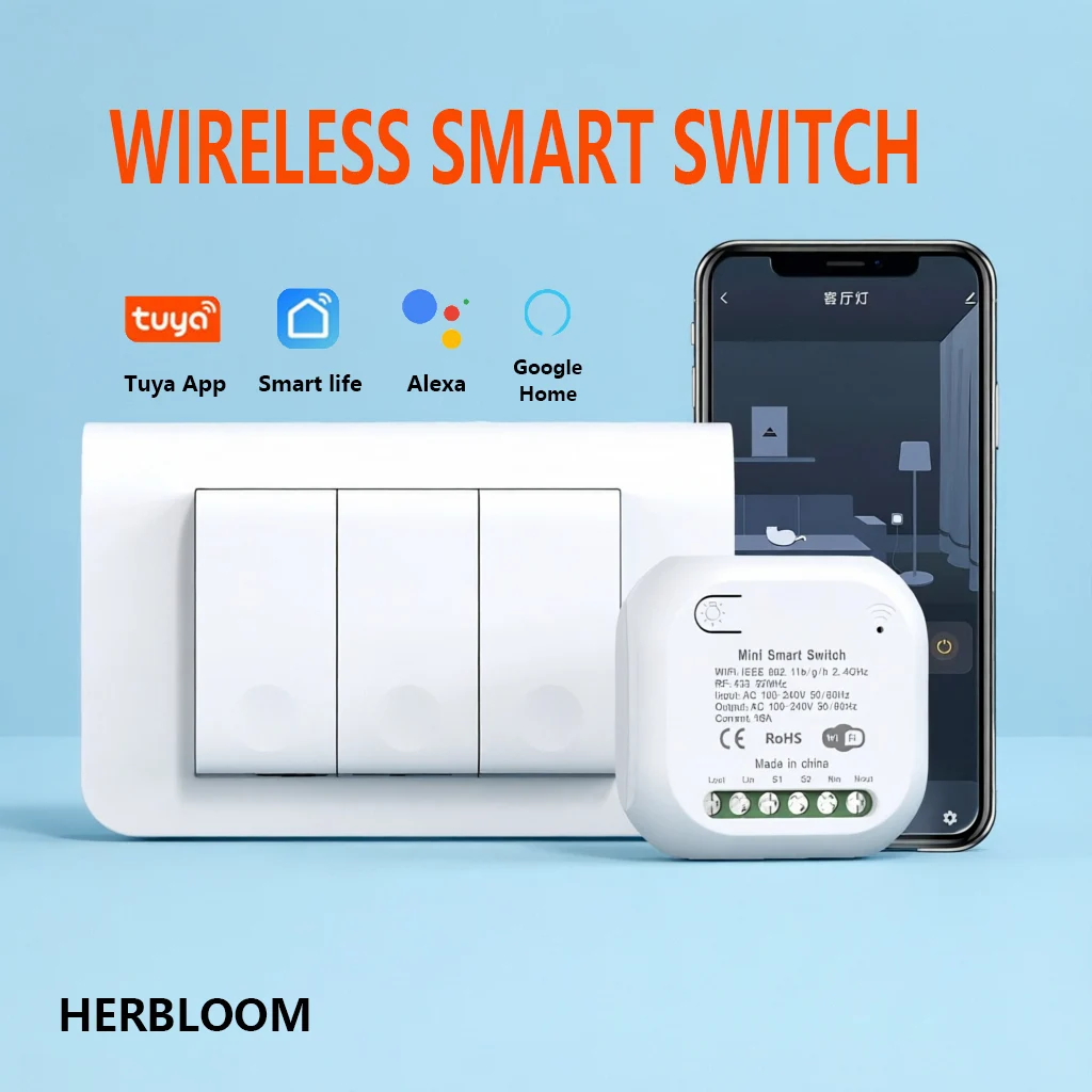 

Self-Powered WiFi Smart Switch Tuya App Control No Battery Wireless Kinetic Switch Voice Control via Alexa/Google Home Easy Inst