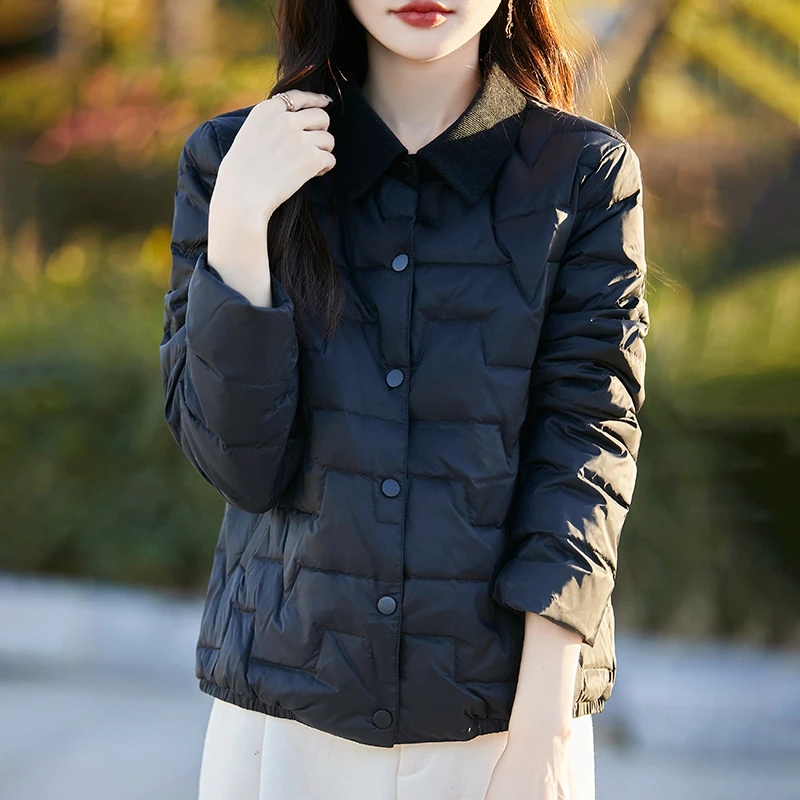 Winter-Damen-Daunenmantel, POLO-Kragen, leichtes Modell, langärmelig, weiße Entendaunen, warme Jacke, einreihiges Cardigan-Oberteil