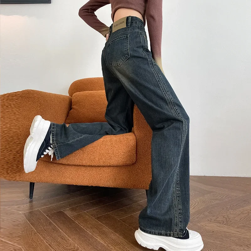 Cement Gray Narrow Version of Fashion Denim Wide-leg Pants, Women's Spring Autumn New Loose Trend Straight Leg High Waist Jeans