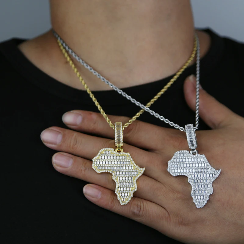 New Arrive Rectangle Cubic Zirconia CZ Paved Bling Africa Map Shaped Pendant Necklace Hip Hop Men Boy Cool Meaning Jewelry