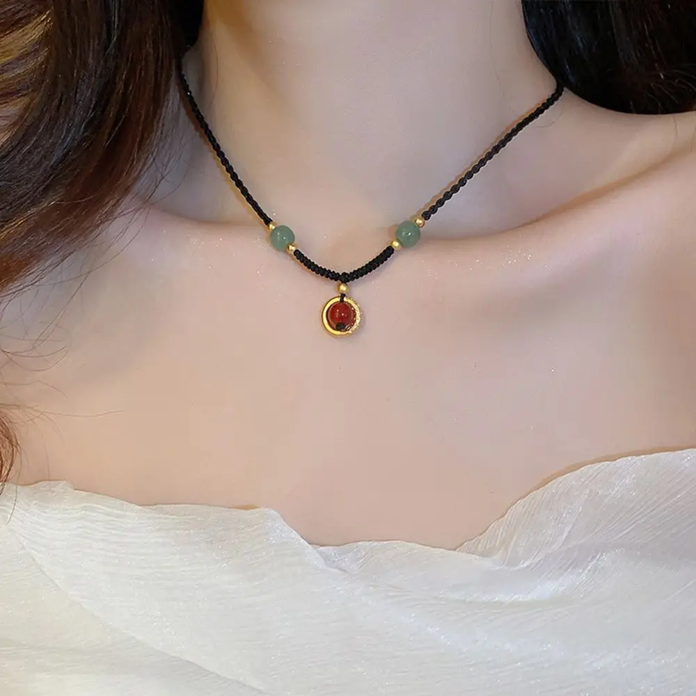 Round Chinese Style Jewelry Braided Rope Red Bead Pendant Clavicle Chain Female Necklace Gold Necklace Hetian Jade Necklace