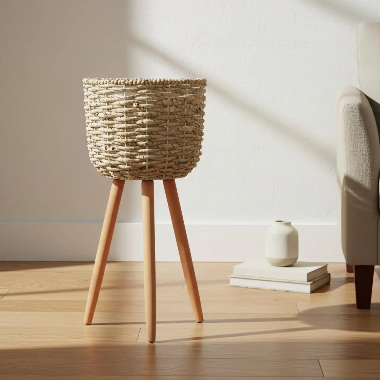 

Woven Basket Plant Pot Rustic Design Wicker Planter Stand Rattan Planter with Wooden Legs Floor Standing Central-Vintage Plant