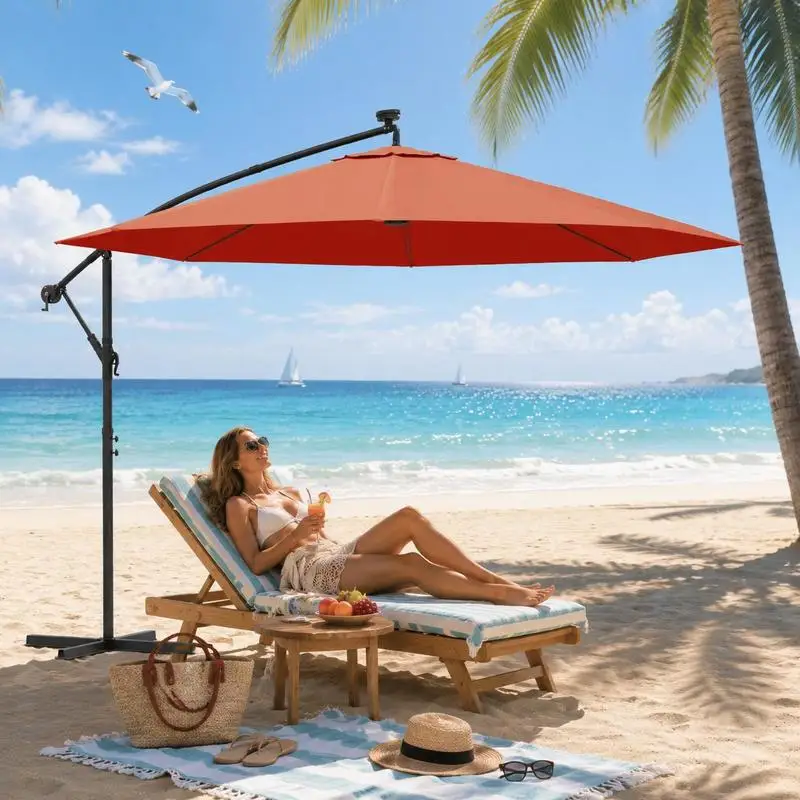 Parasol cantilever 350 cm avec mât en acier, grande ombre terracotta pour terrasse, balcon, jardin, bord de piscine, salle à manger, salon, café, stand de marché et aménagement de cour