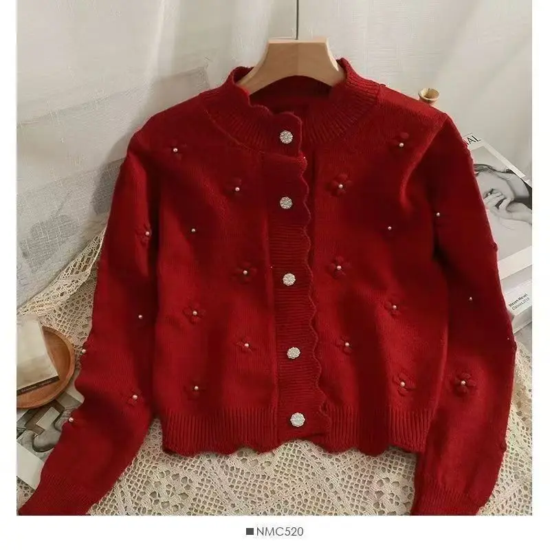 

Korean Autumn/Winter New Sweaters Coats Women's Solid O-Neck Embroidered Flares Sweet Chic Long Sleeve Cardigan Knitted Tops