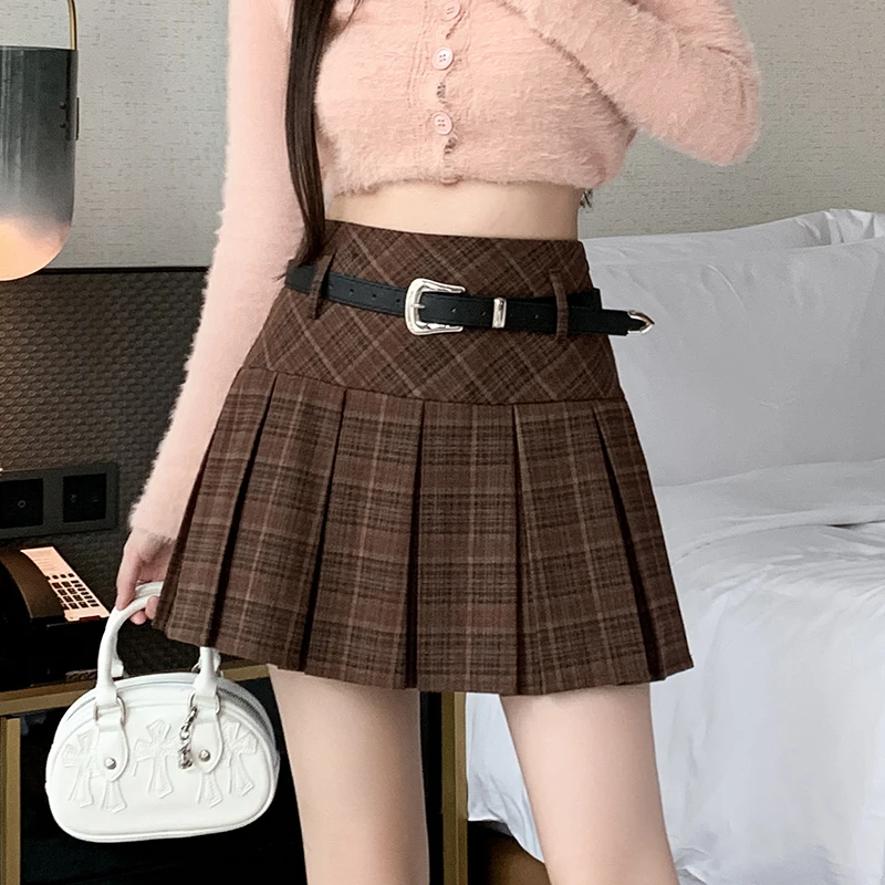 2024 Elegant Fashion Harajuku Slim Fit Female Clothes Loose Casual All Match A-line Short Skirt Lattice High Waist Retro Skirts