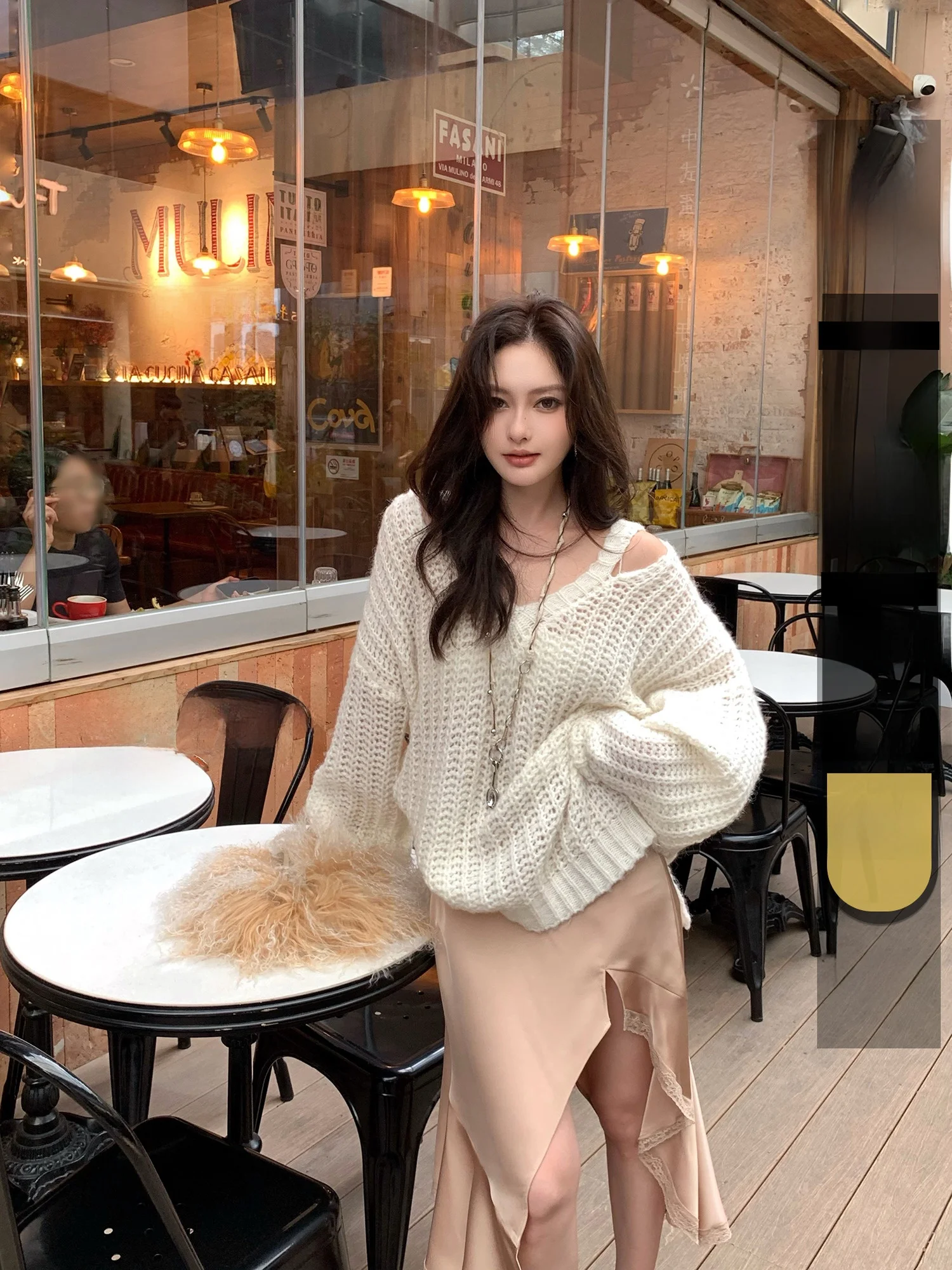 

KAS Повседневный свободный вязаный свитер с v-образным вырезом и текстурой для отдыха Long Sve Трикотаж средней длины для женщин