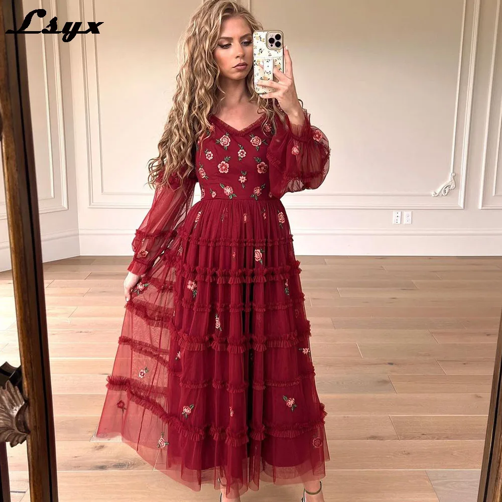 

LSYX A-line Full Sleeves Prom Gown Floral Embroidery Tulle Evening Dresses Pleat Ruffle Ankle-Length Pastrol Birthday Dresses