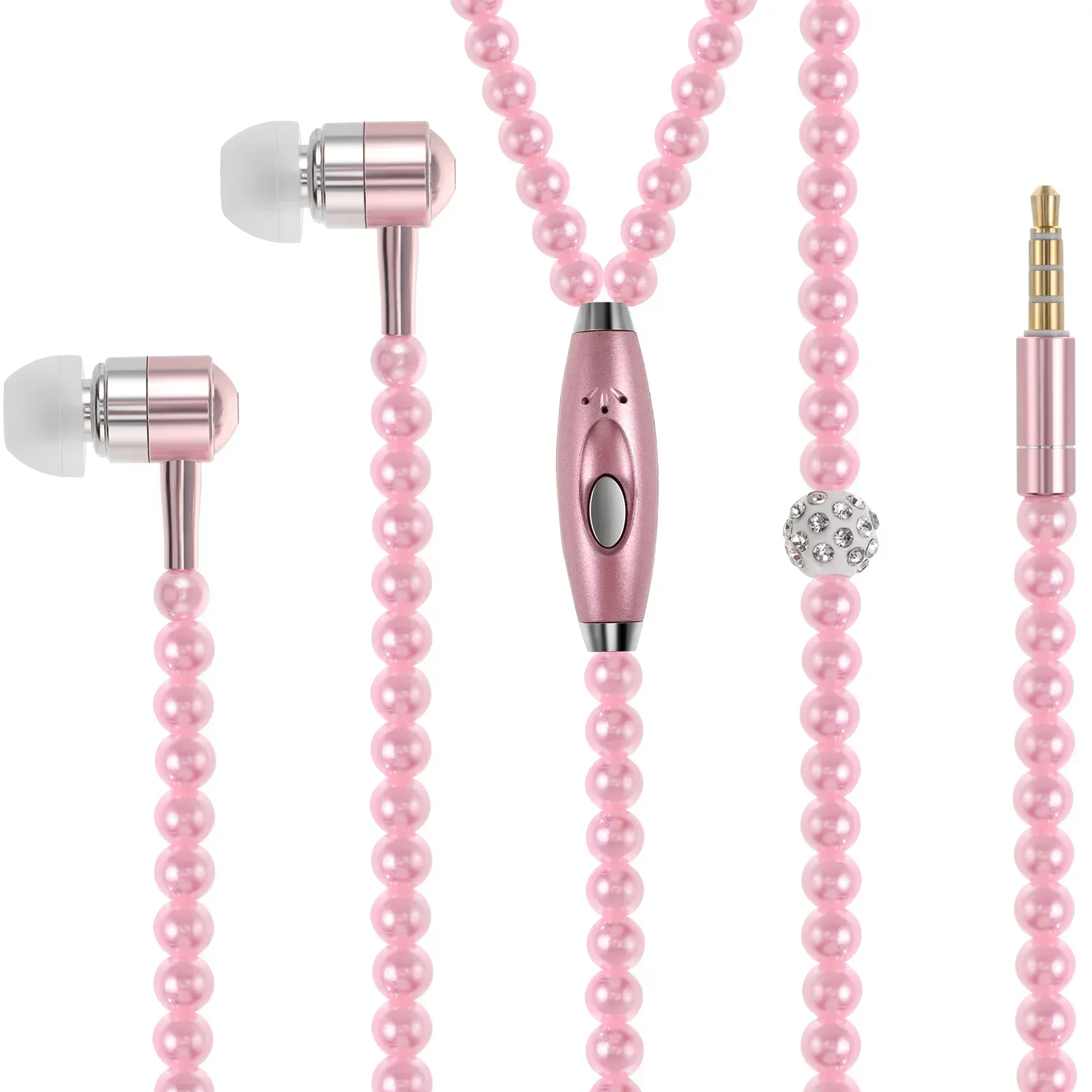 

Rose Earbuds Girls Pink Earphones Wired Mic Noise Canceling Headphones In-Ear Headphone Pearl Necklace 3.5Mm Earbuds Remote