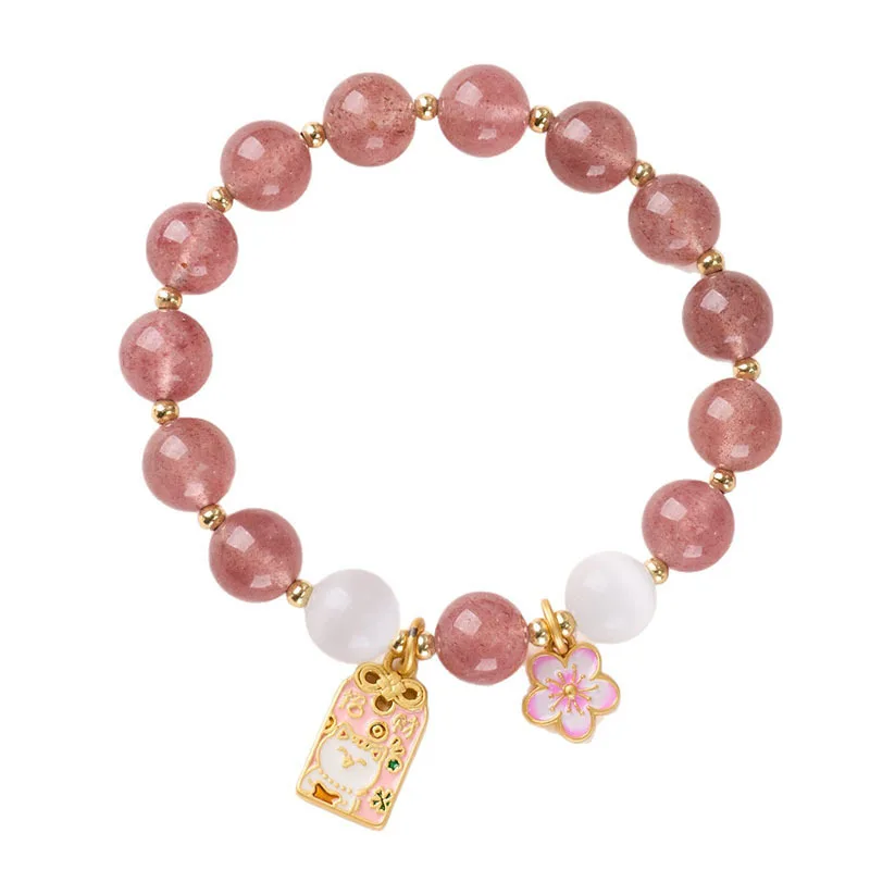 

Natural Strawberry Quartz Bracelet Cat Eye Stone Beaded Bracelet Natural Crystal Bracelet for Women Gifts