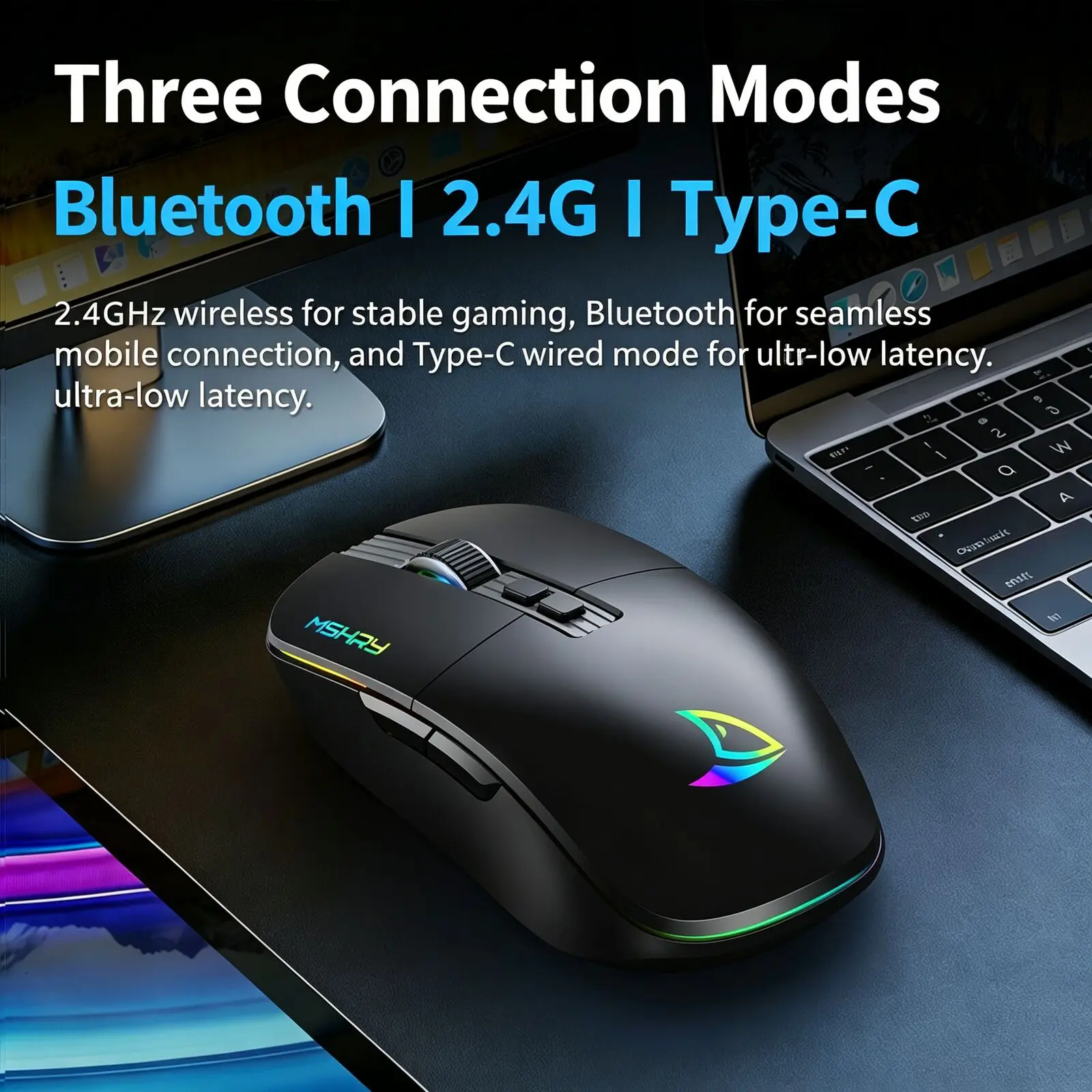 Tri Mode Wireless Gaming Mouse 5-speed Adjustable DPI RGB Breathing Light 93g Lightweight 400mAh Rechargeable Ergonomic Mice