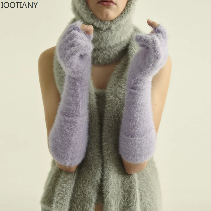 Iootiany Winter warme Ärmel finger lose Touchscreen gestrickte Woll handschuhe für Frauen Bonbon farbe verlängerte warme Handschuhe