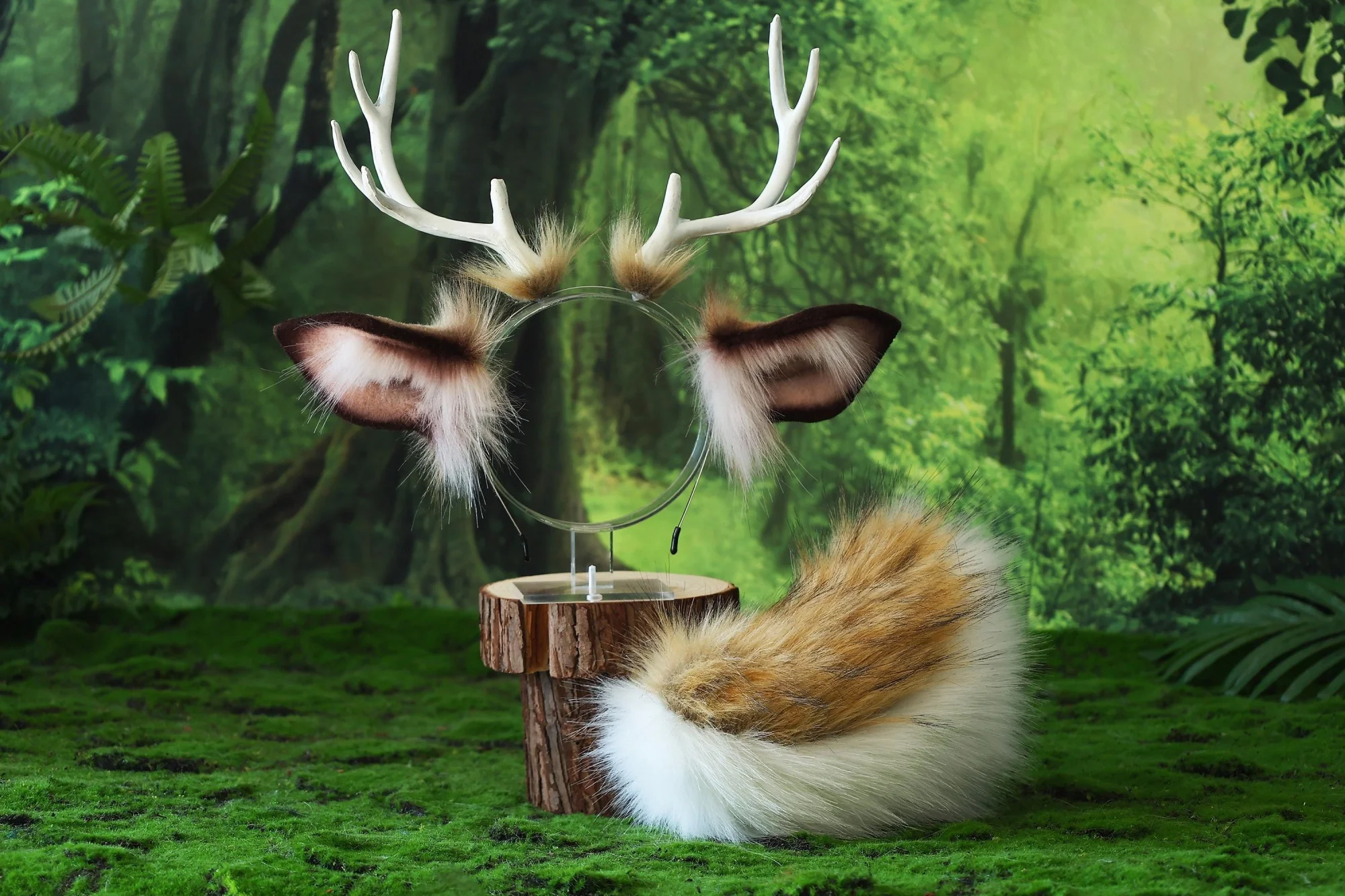 Brown deer ears with antlers accessories costume, plush realistic animal ears and tail, anime party cute pet role-playing