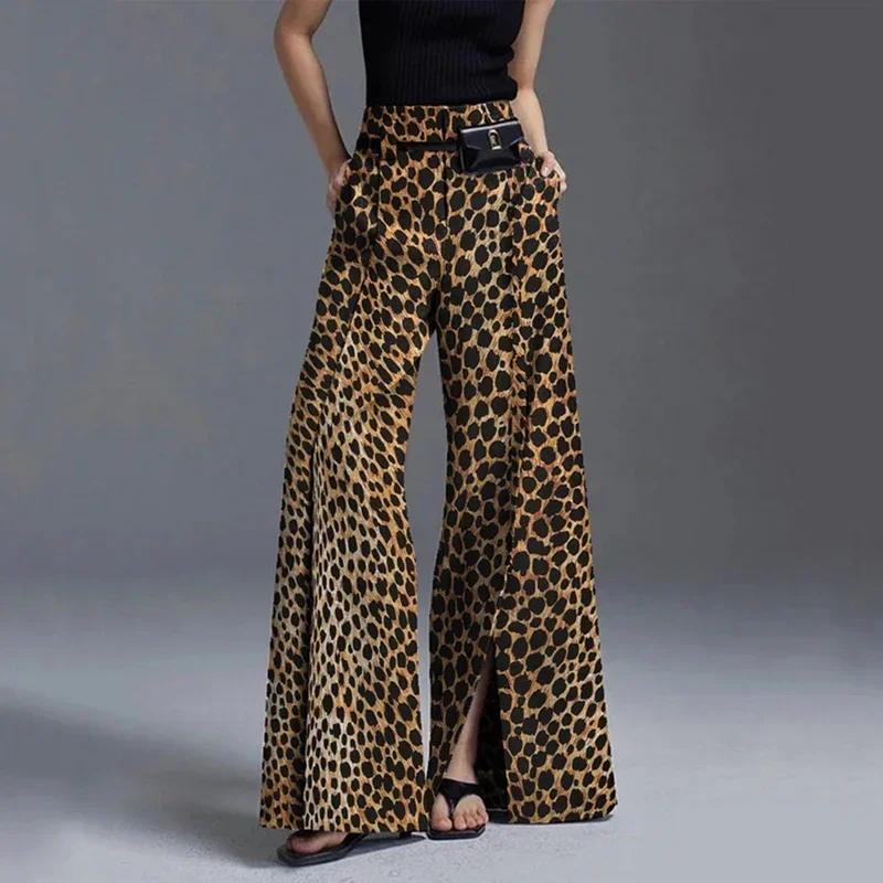 

UOOZEE Women High Street Leopard Printed Pants 2024 New Arrivals Casual Loose Split-Front High-Waist Wide Leg Trousers Bottoms