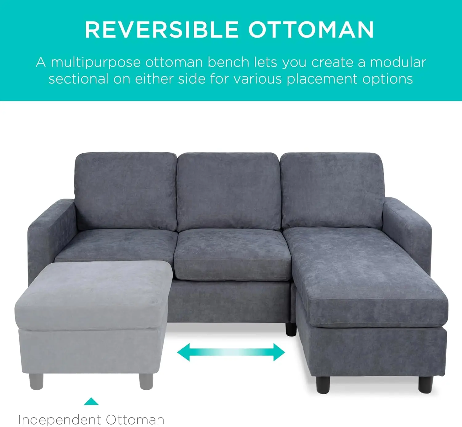 أريكة للمنزل، شقة، مسكن، غرفة إضافية، مساحات مدمجة مع صالة تشيس، 3 مقاعد، تصميم على شكل حرف L، مقعد عثماني قابل للعكس