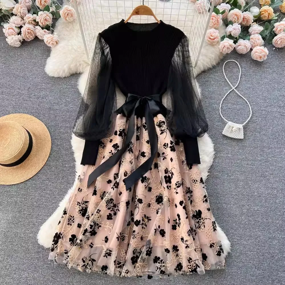 

Senior Knitted Patchwork Dress Long Lantern Sleeves Bow Mesh Embroidery Floral Women Autumn France Elegant Party Vestidos