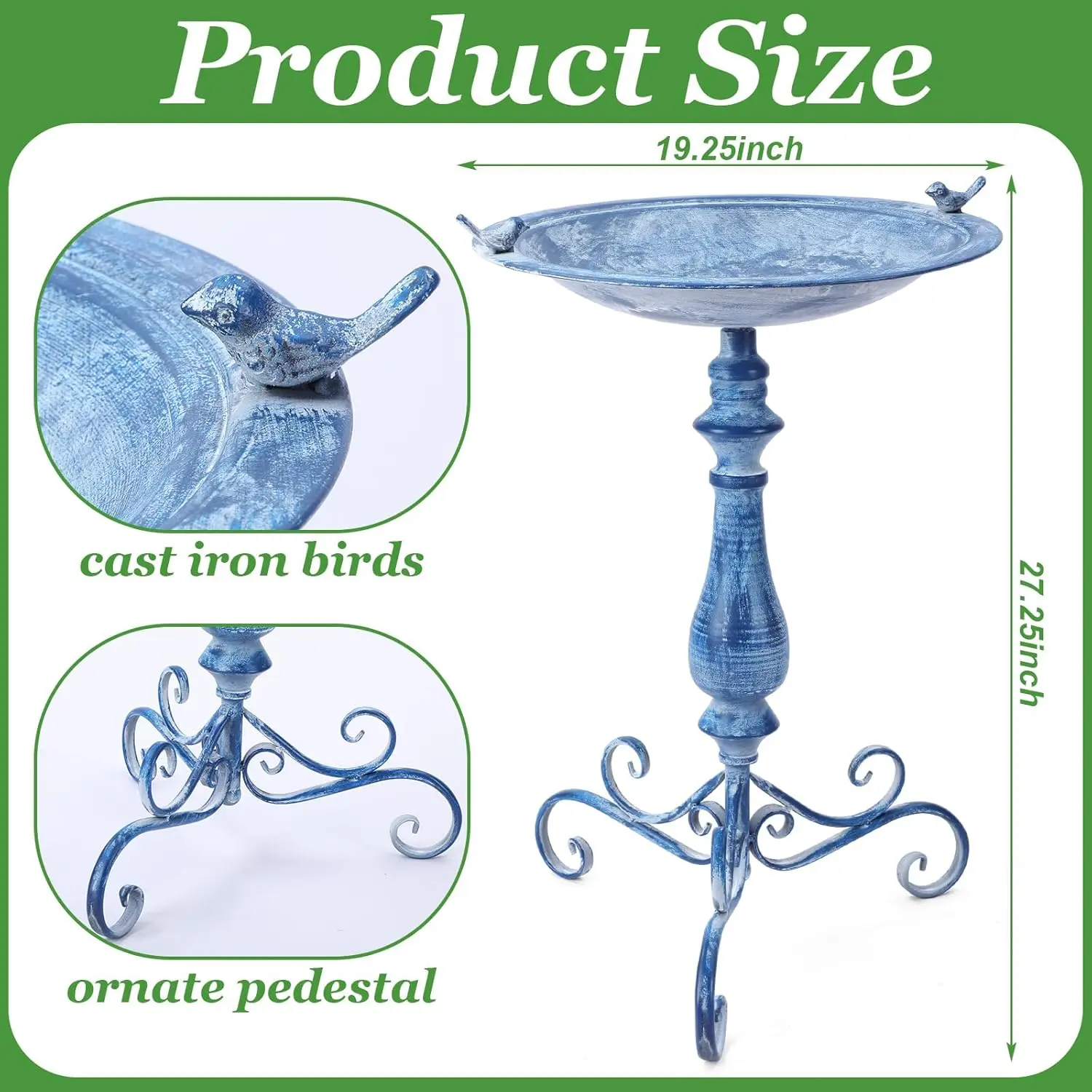 حمام طيور معدني أزرق عتيق مقاس 27.25 بوصة مع طيور من الحديد الزهر، ديكور للحديقة الخارجية، مقاوم للصدأ