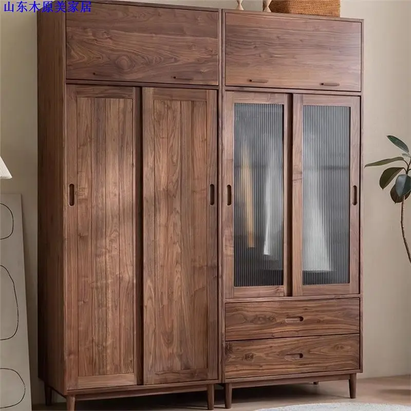 #North American Black Walnut Wardrobe Full Solid Wood Home Bedroom Wardrobe Simple Cherry Wood Glass Sliding Door Cloakroom