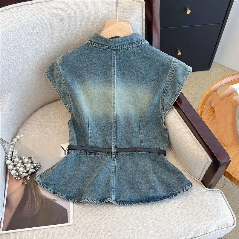 Denim Style Women's Small Fly Sleeve Denim Shirt Women's Summer Korean Cardigan Spicy Girl Camisole Student Denim Vest Tops
