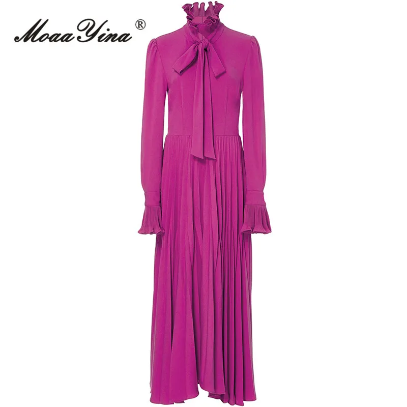 

MoaaYina Autumn Fashion Runway Fuchsia Vintage Pleated Dress Women Ruffle Collar Long Sleeve Frenulum High Waist Slim Long Dress