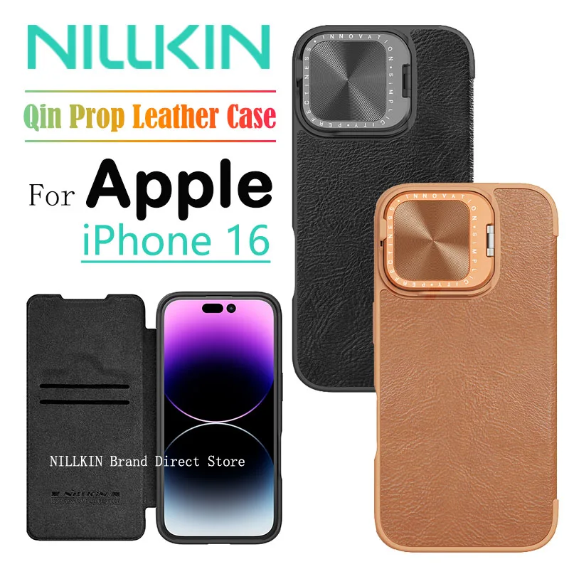 

For iPhone 16 Nillkin QIN Prop Leather Case Shockproof Camera Slider Protection Back Cover Luxury Flip New case With Lens Holder