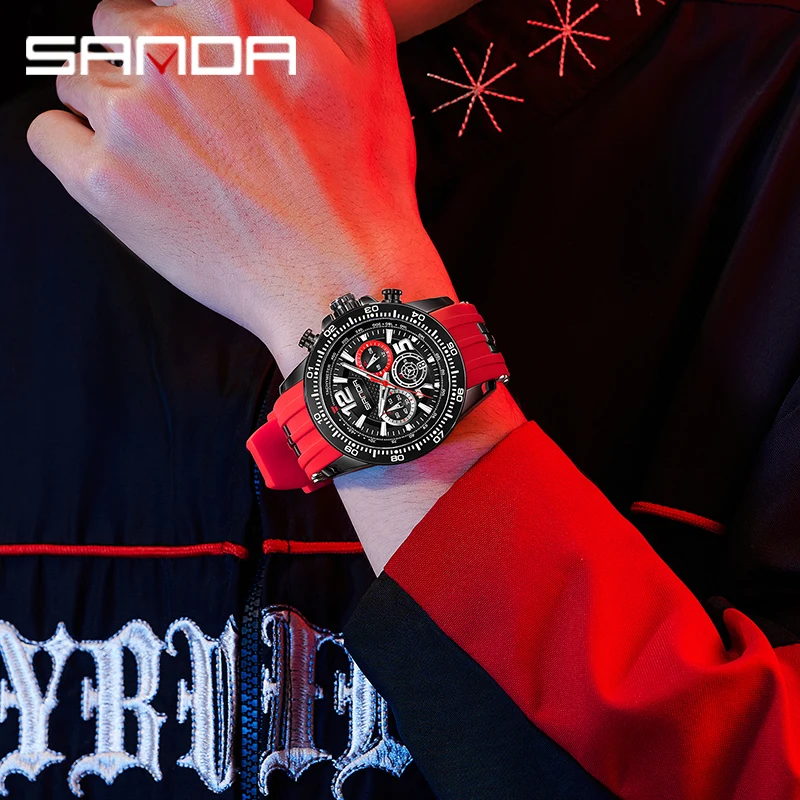 SANDA Red Watch for Men Fashion Luxury Chronograph Analog Quartz Wristwatch with Silicone Band Luminous Hands Date Waterproof