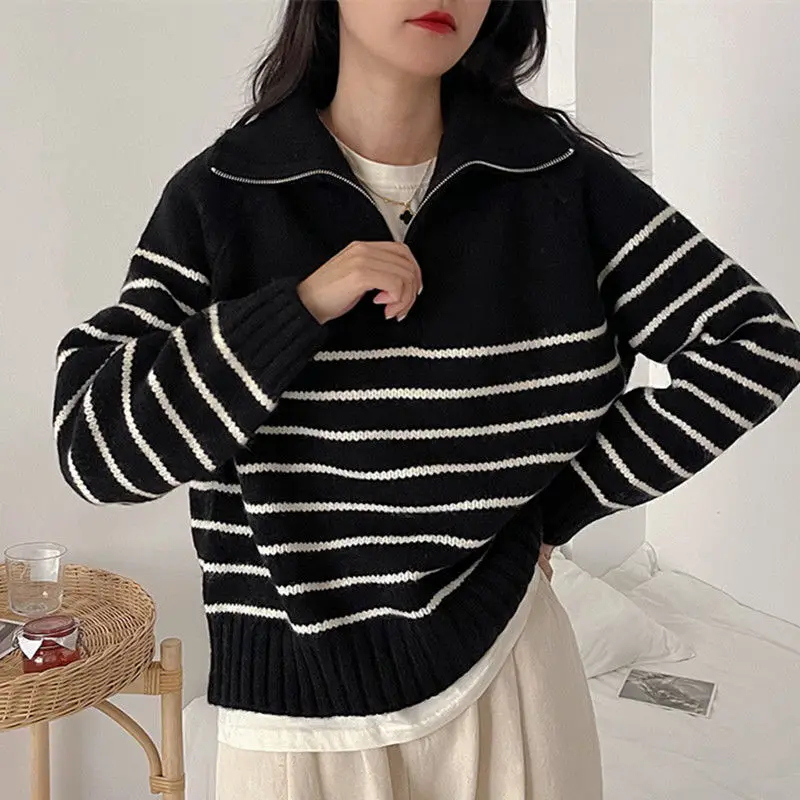 Deeptown Autumn Striped Sweater Women Korean Fashion Oversized Black Knit Jumper Female Aesthetic Harajuku Pink Pullover Casual