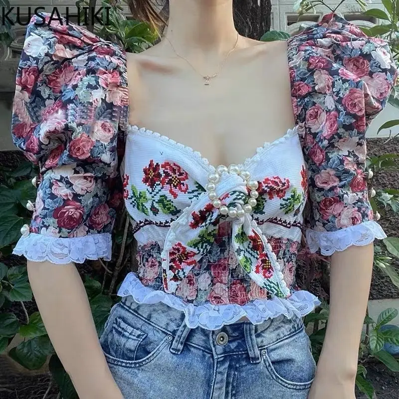 KUSAHIKI Sweet Spicy Girl Square Collar Floral Shirt Fashion Lace Patchwork Puff Sleeve Slim Short Tops 2024 Chic Women Blouses