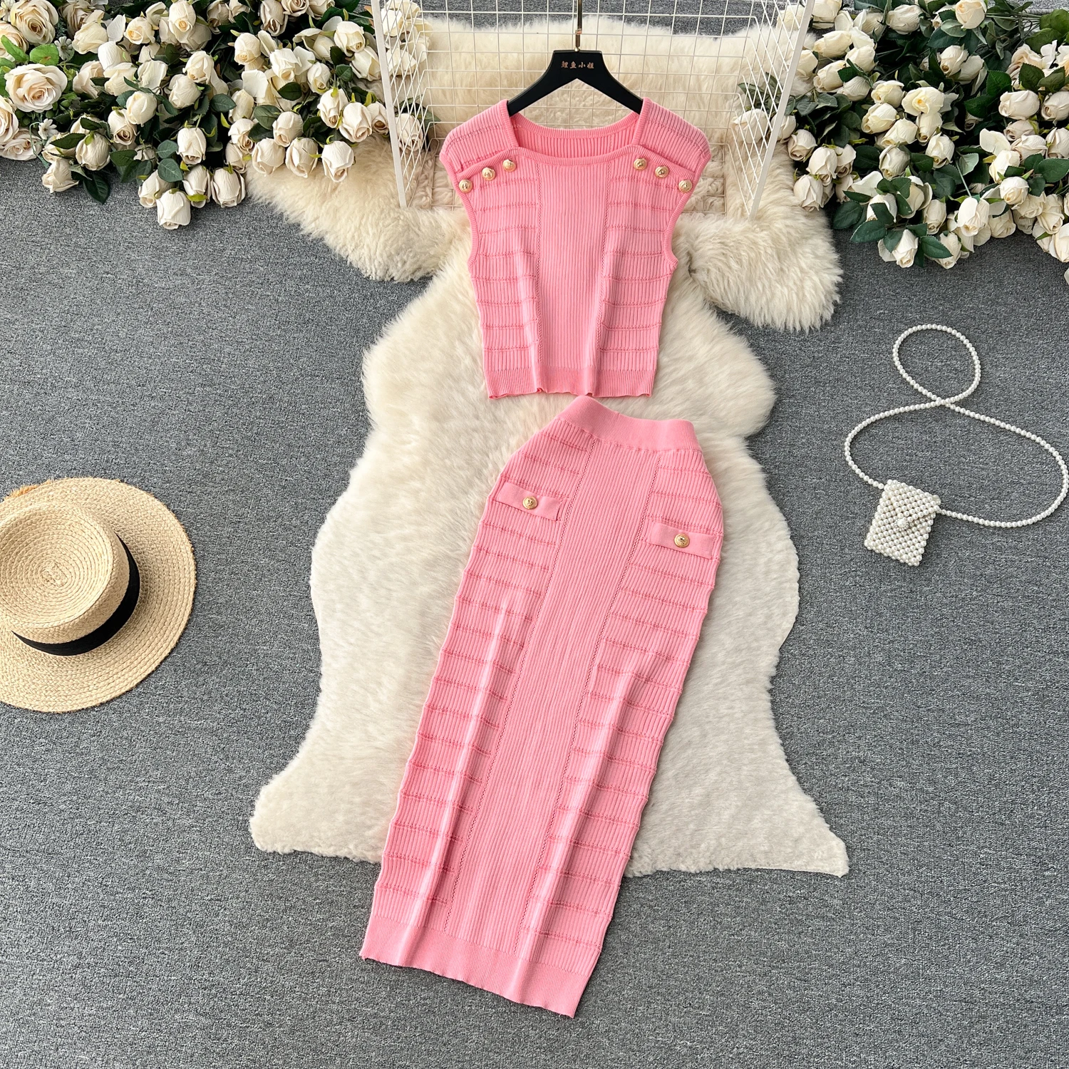 REALEFT Summer 2 Pieces Buttons Women\'s Knitted Skirts Suits Green O-Neck Tank Tops and Wrap Sheath Skirts Sets Outfits 2024 New