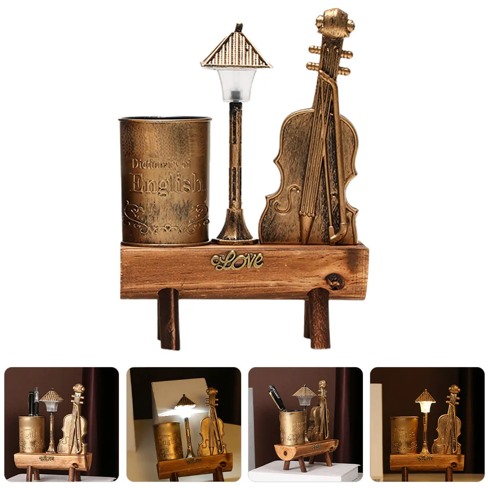 Vintage Violin Night Light Pen Holder Desk Organizer with Lamp Function Artistic Tabletop Decoration Bedroom Study Living Space