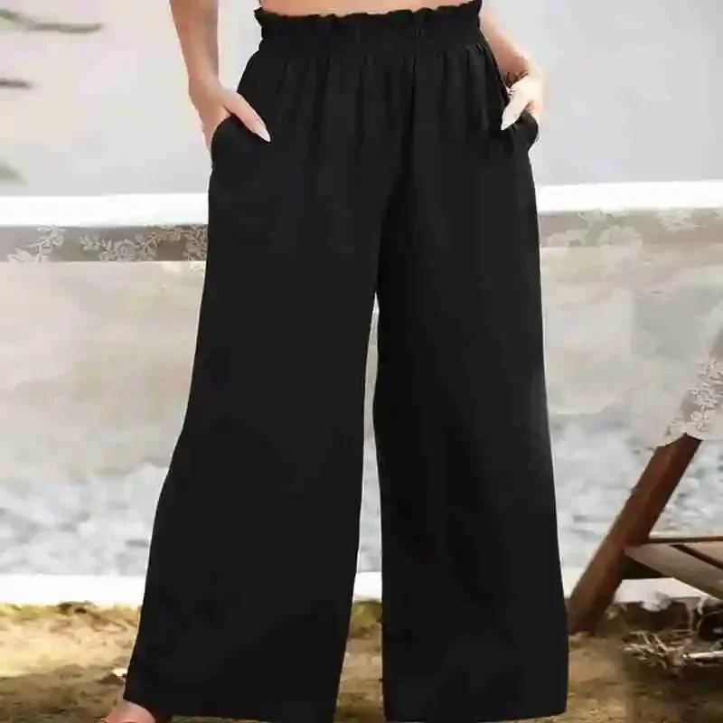 All Season Fashion Women's Solid Color Micro Elastic Pocket Wide Leg Pants Loose and Breathable Casual High Waisted Pants