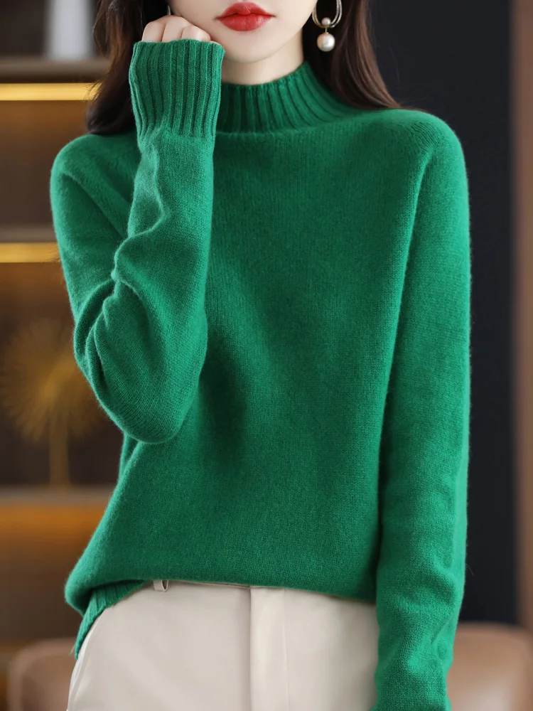 Women’s Autumn Winter Pullover Cashmere Sweater 100% Merino Wool Mock-neck Pure Colors Knitwear Female Clothing Basic Top