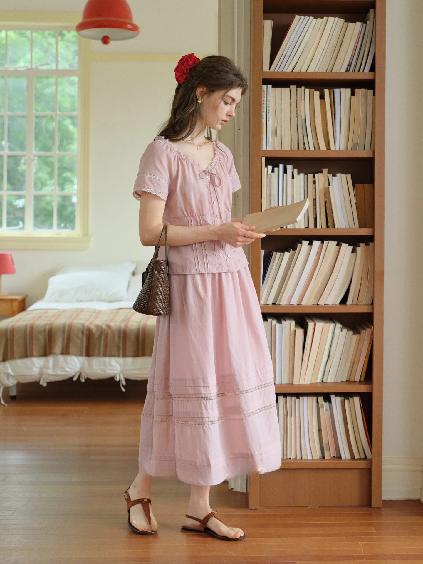 SimpleRetro Summer Women's Cotton Silk Embroidered Shirt And Half Skirt Pink Set Casual Fashion Ensemble High Waist