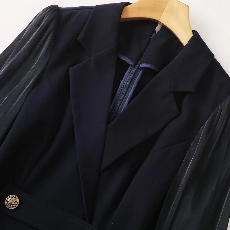 Vestidos de trabajo OL de manga larga elegantes de alta calidad para mujer vestido plisado de retazos de princesa Kate azul marino