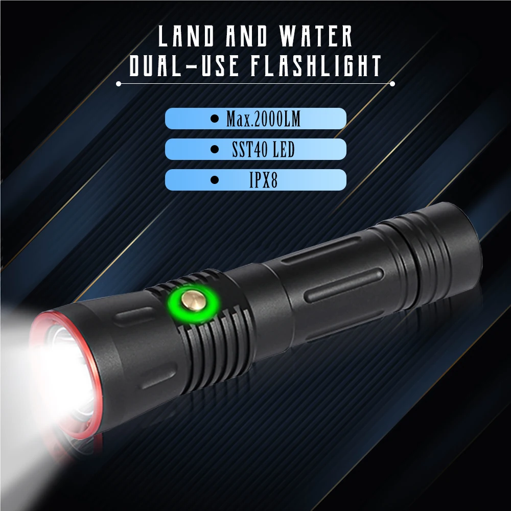 Asafee 2000LM LED Scuba Diving Flashlight SST40 IPX8 Waterproof Dive Torch Lamp Underwater 100M Spearfishing Light