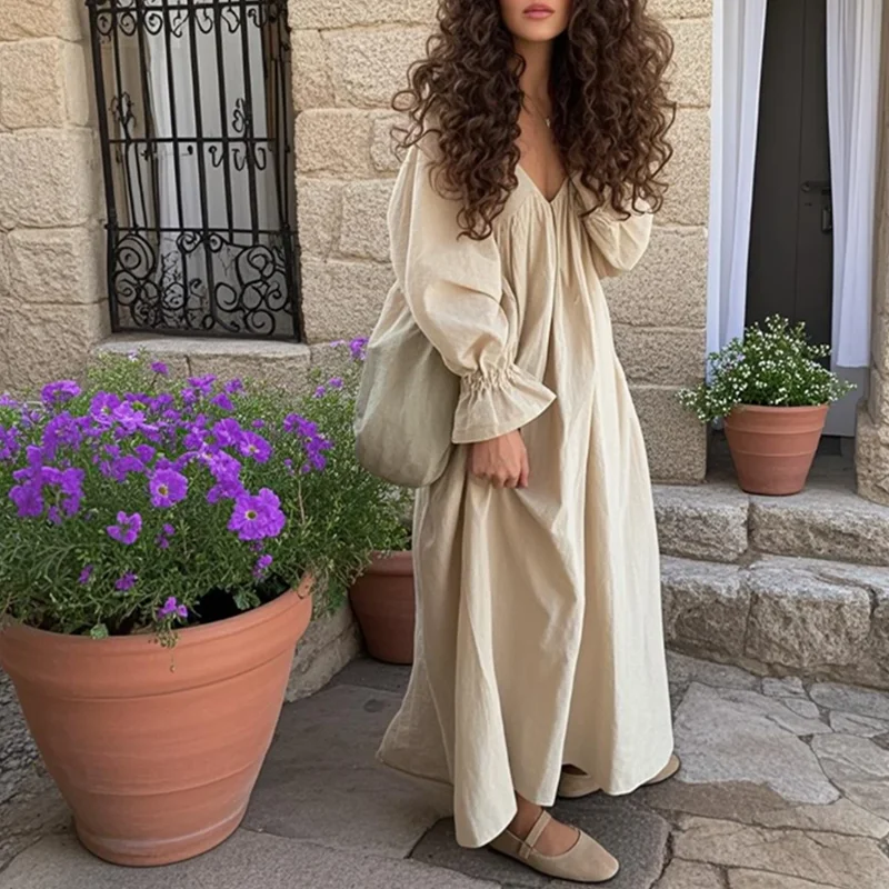 

Vintage Cotton Linen Mori Dress Robes Puff Sleeve Round Neck Loose Khaki Brown Dress Ethereal Rustic Whimsical Mori Dresses Girl