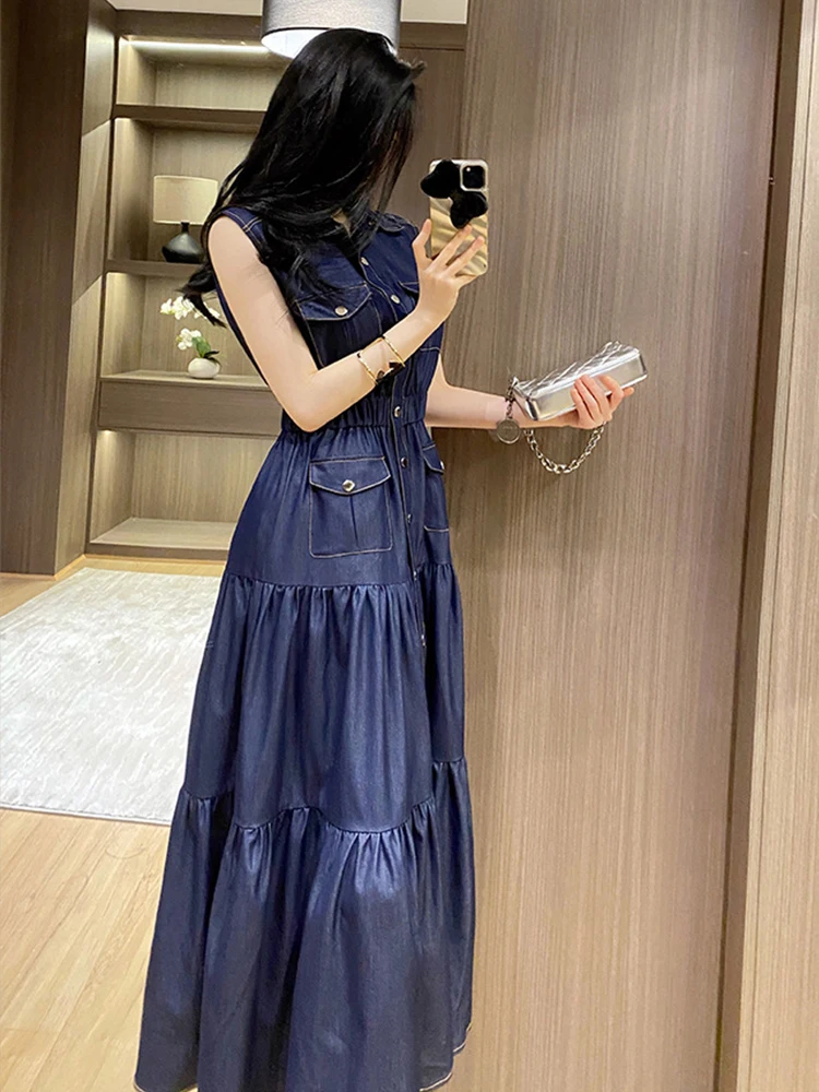 

Женская одежда, ковбойское синее повседневное тонкое платье трапециевидной формы миди без рукавов с карманами, элегантное женское модное платье, летнее корейское новое платье