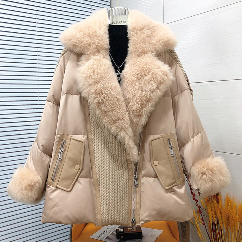 

2023 Fashion New Autumn Winter Real Natural Lamb Fur Coat Women Goose Down Jacket Luxury Down For Women Motorcycle Suit